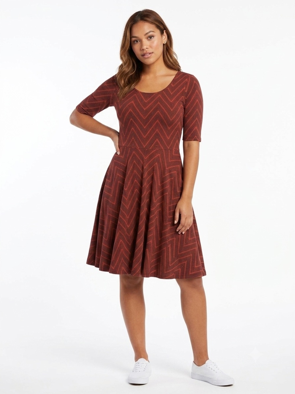 Lularoe Chevron Scoop-Neck Midi Dress Stretchy Cottony Elbow Sleeve Comfy